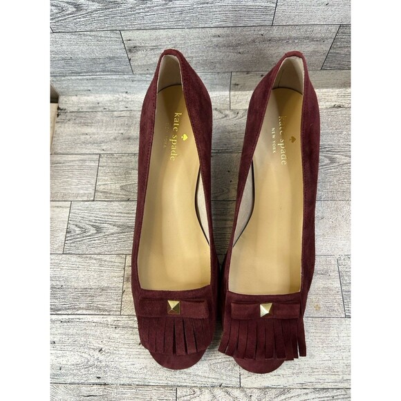 Kate Spade New York Womens Fringe Suede Block Heel Pumps Bordeaux Size 7 EUC - Picture 1 of 4